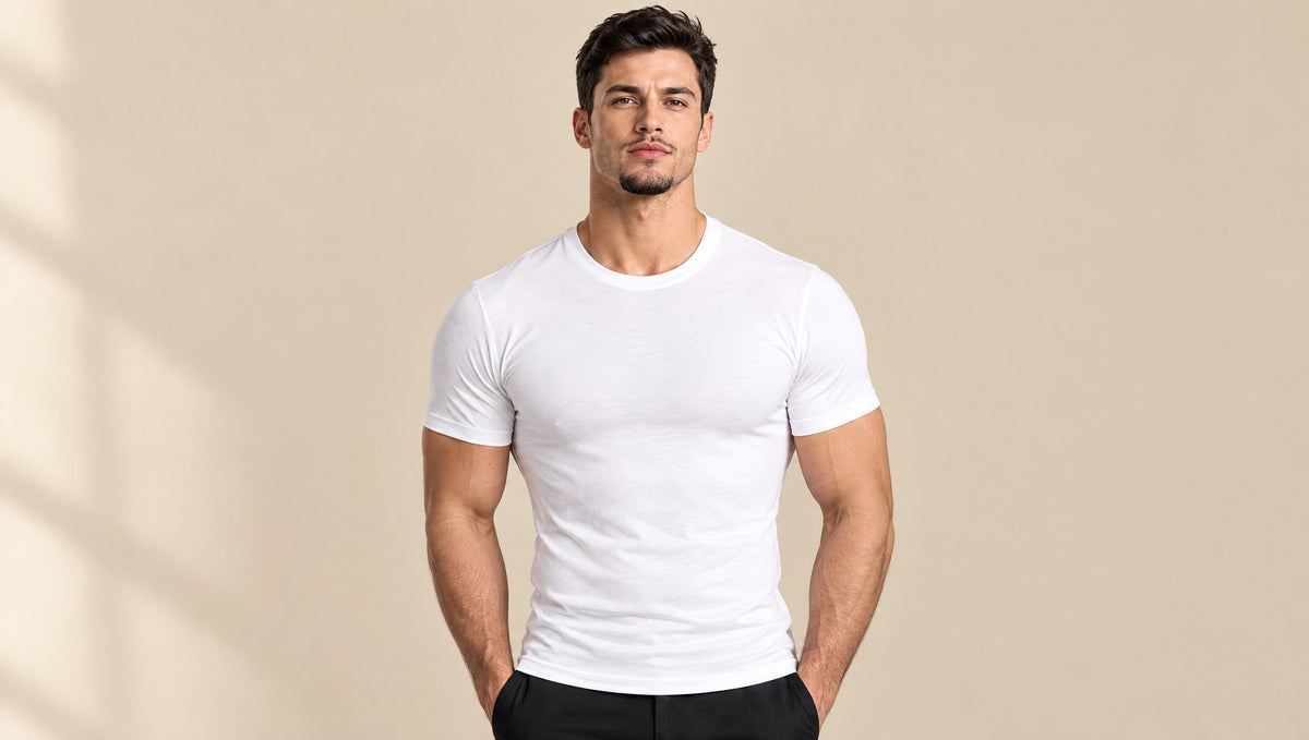 Man in a fitted white T-shirt with broad, defined shoulders