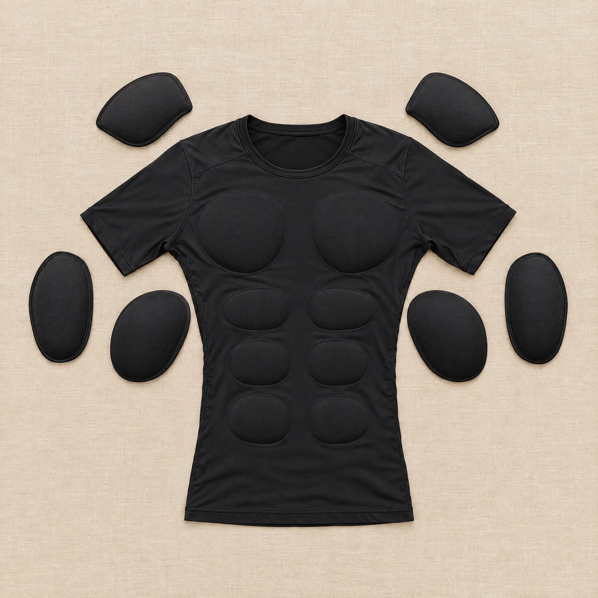 Black V-Frame Padded Undershirt laid flat with its removable pads