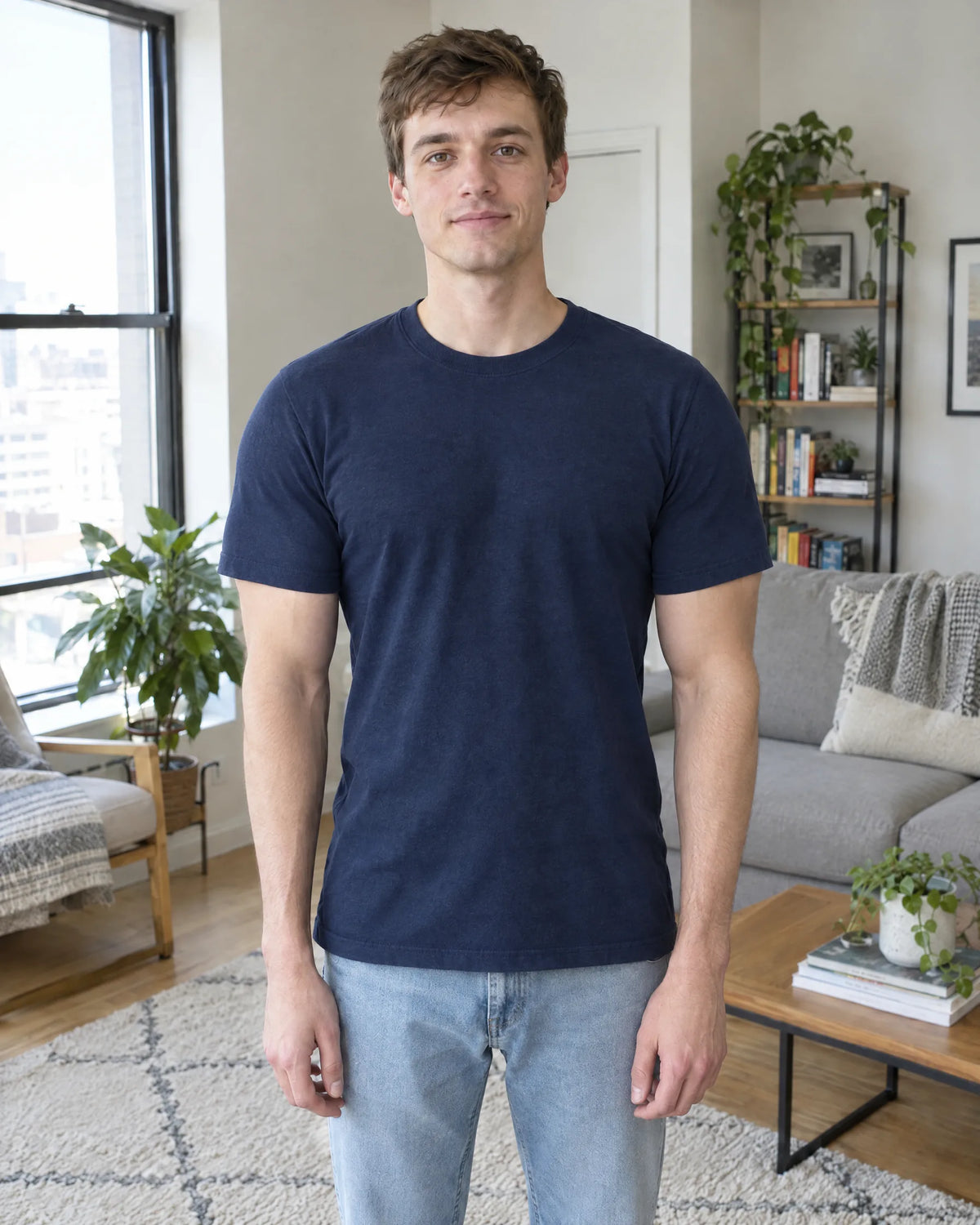 After: same man and navy T-shirt, with the V-Frame Padded Undershirt underneath
