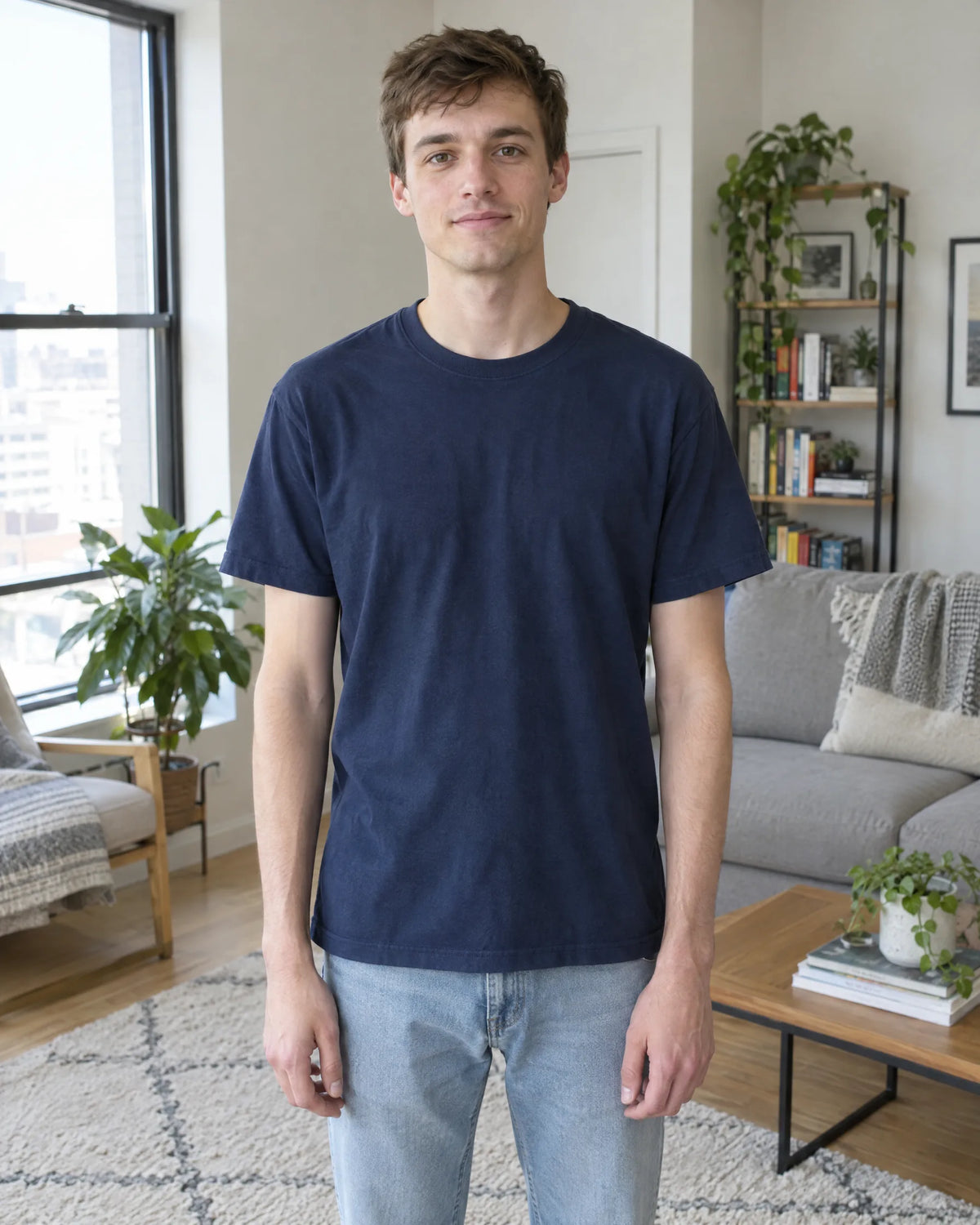 Before: man in a navy T-shirt, without the padded undershirt
